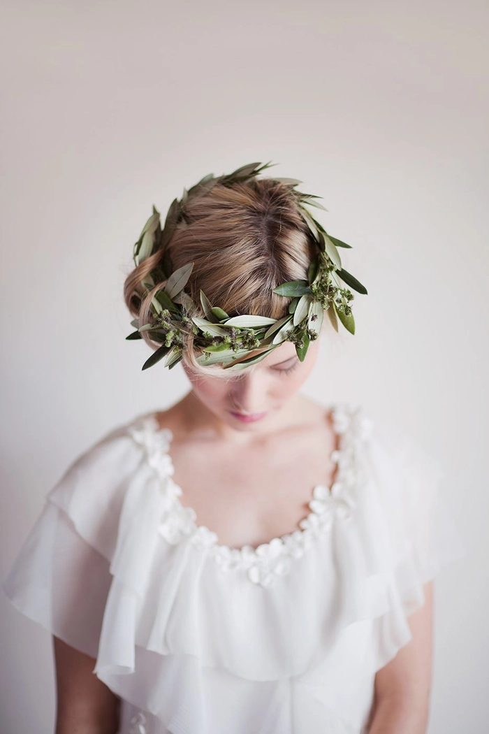 Elegant Greek Wedding Hair Ideas with Olive Wreaths