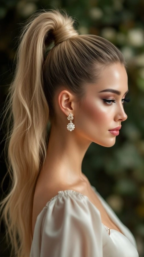 Elegant sleek high ponytail wedding hairstyle perfect for a modern bride Bride with a sleek high ponytail wedding hair style adorned with delicate floral accessories