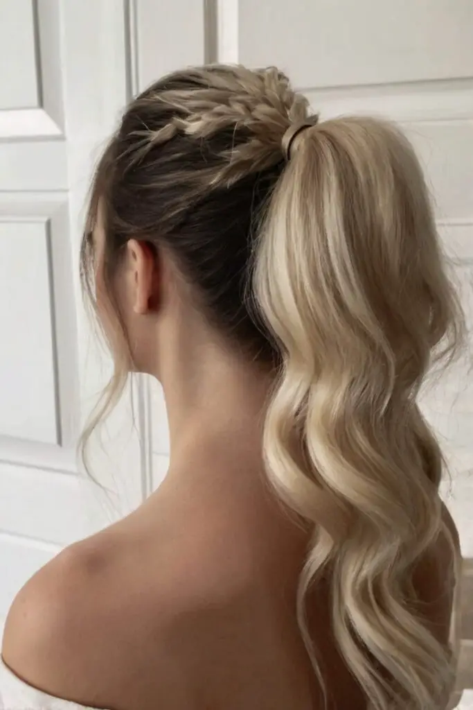 Elegant sleek high ponytail perfect for modern wedding hairstyles Bride showcasing a sleek high ponytail wedding hairstyle with elegant twists