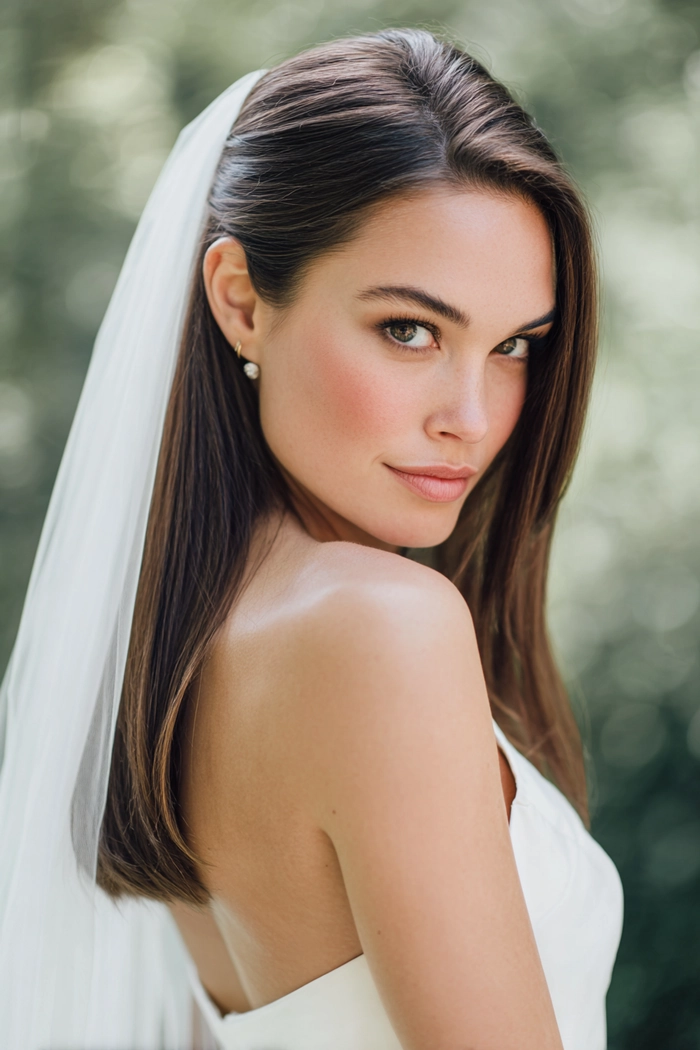 Bride with long straight sleek bridal hair styled elegantly for a wedding