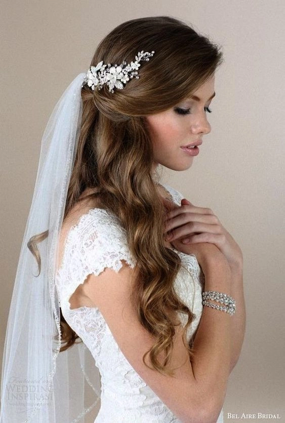 Elegant wedding hairstyle featuring flowing waves and a sheer veil Bride with long wavy wedding hair adorned with a delicate veil