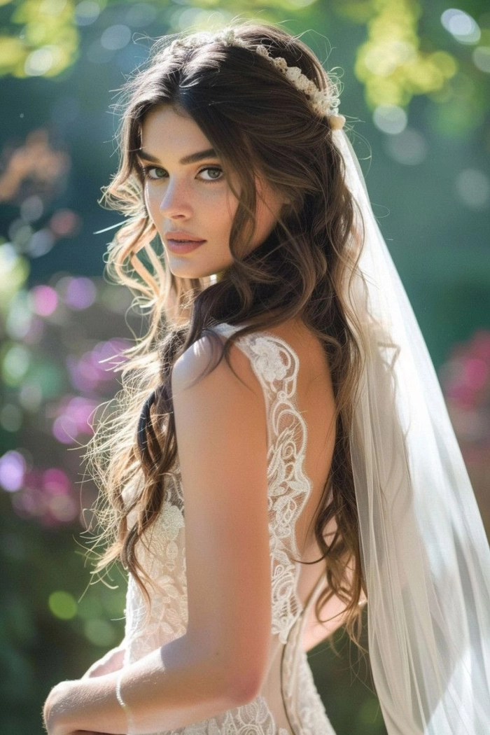 Elegant long wavy wedding hairstyle adorned with a sheer bridal veil Bride showcasing long wavy wedding hair with a delicate white veil