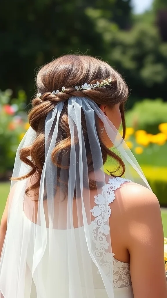 Elegant long wavy wedding hairstyle paired perfectly with a sheer bridal veil Bride showcasing long wavy wedding hair styled beautifully with a delicate veil