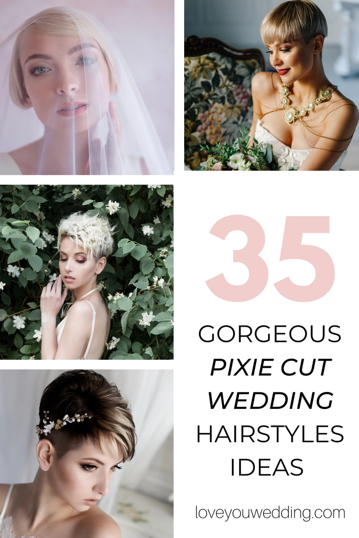 Elegant pixie cut wedding hairstyles with floral hairpieces on bride number five Bride with a pixie cut wearing delicate wedding hair accessories