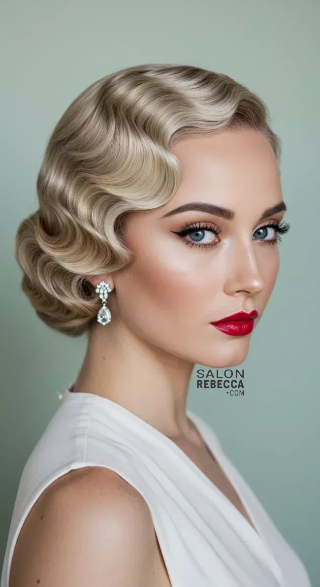 Bride with elegant vintage 1920s finger waves wedding hair in soft curls