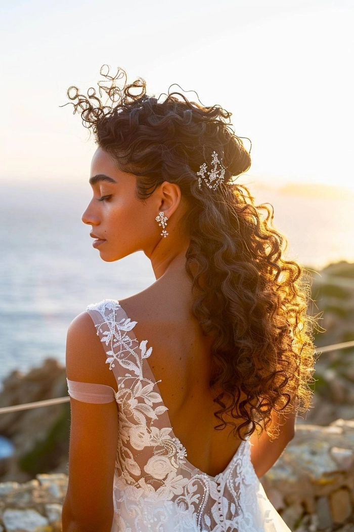 Bridesmaid with beautifully styled curly hair in an elegant updo
