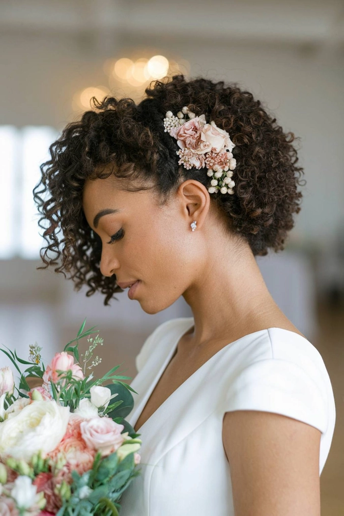 Bridesmaid hair inspiration featuring styled curly hair with floral accessories