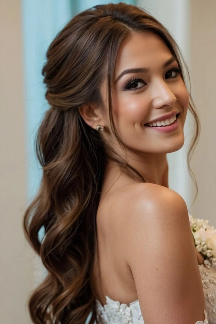 Stylish bridesmaid half up half down wedding hairstyle inspiration number 14 Bridesmaid showcasing elegant half up half down hairstyle with soft waves