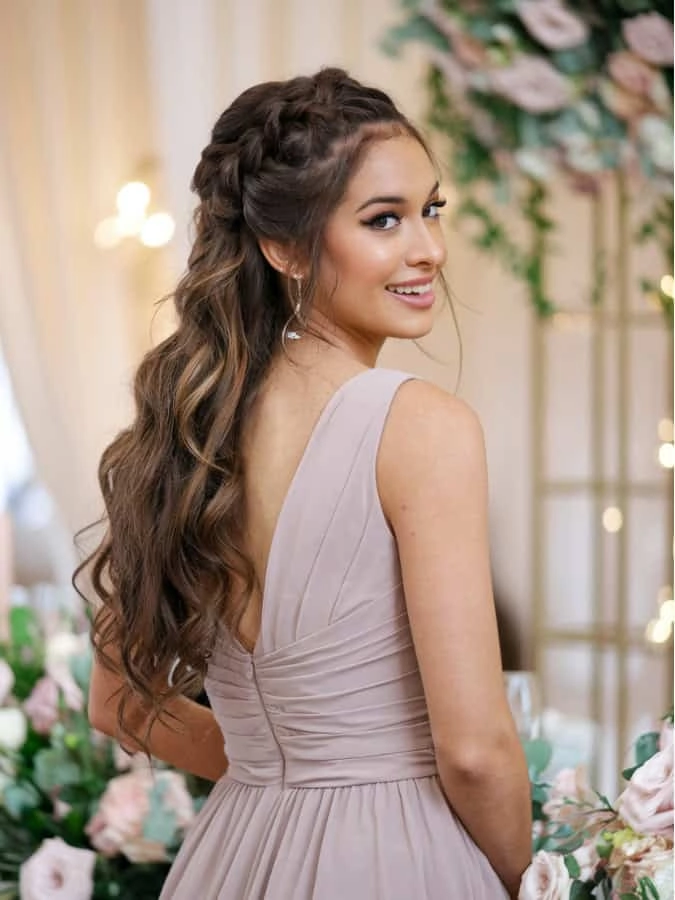 Stylish bridesmaid half up half down hairstyle for a wedding ceremony Bridesmaid wearing an elegant half up half down hairstyle with soft curls