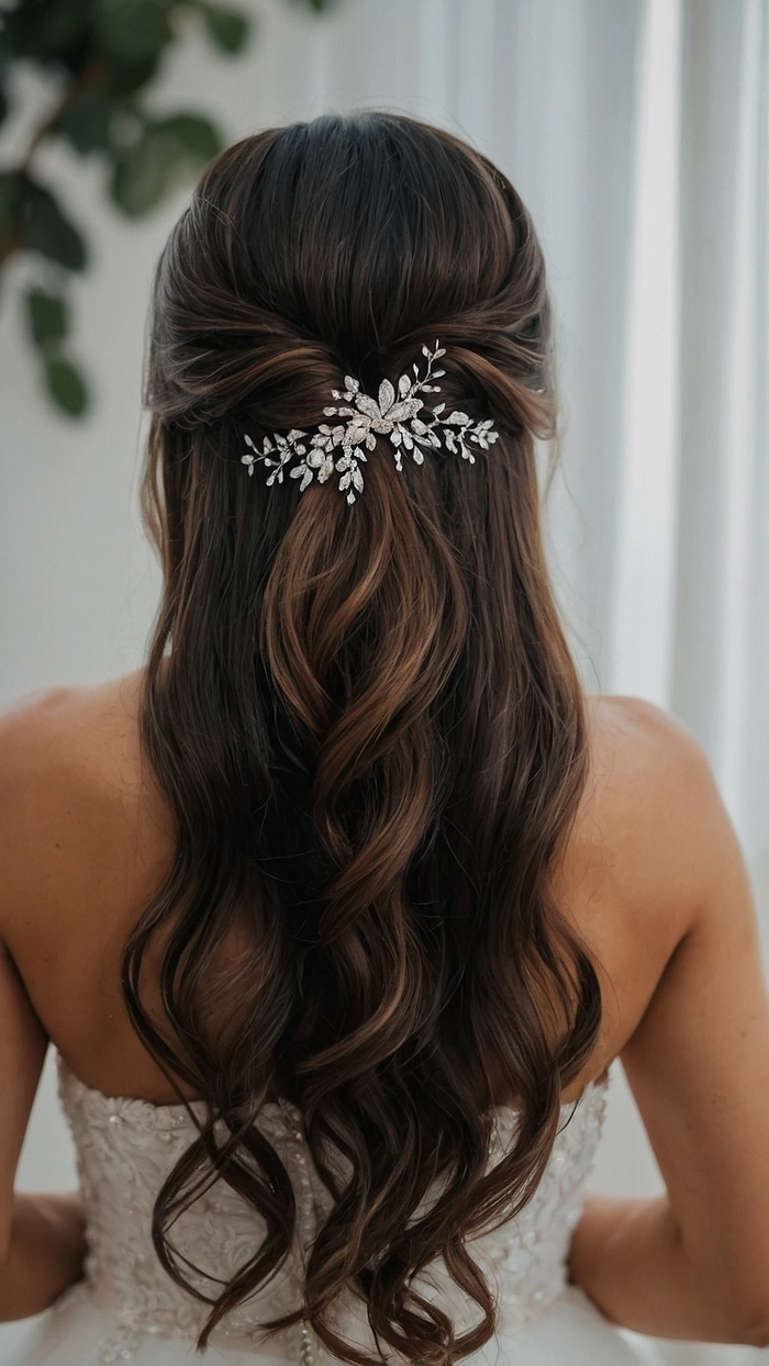 Stylish bridesmaid hair with a romantic half up half down look for weddings Bridesmaid showcasing an elegant half up half down hairstyle with soft curls