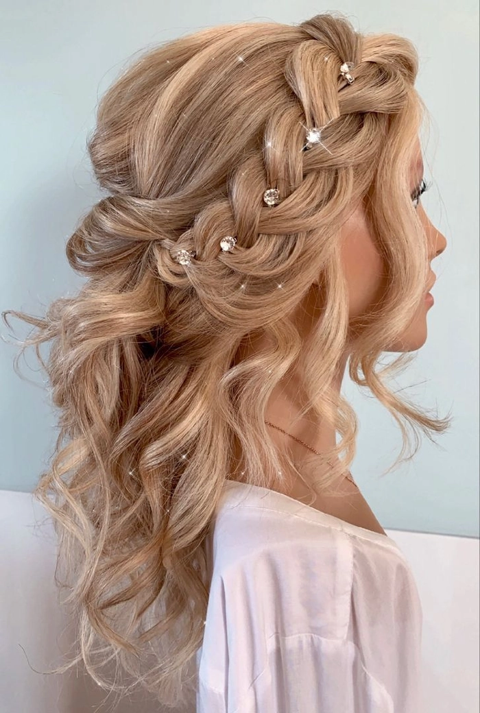 Chic bridesmaid hairstyle featuring a half up half down look perfect for weddings Bridesmaid showcasing an elegant half up half down hairstyle with soft curls