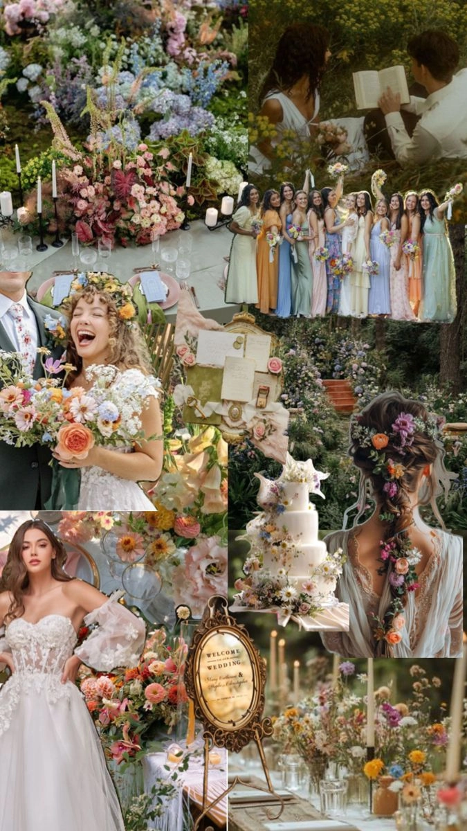 Delicate cottagecore wedding hair style with soft curls and floral accents