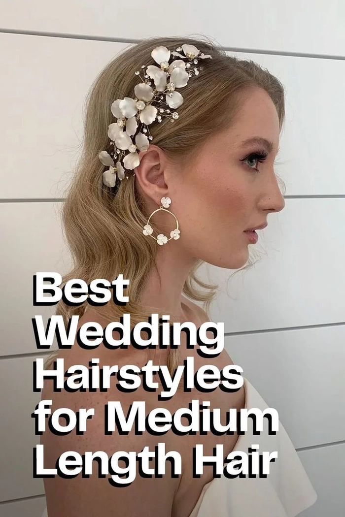 Elegant medium length curly bridal hairstyle perfect for weddings and special occasions Medium length curly bridal hair looks styled with delicate floral accessories