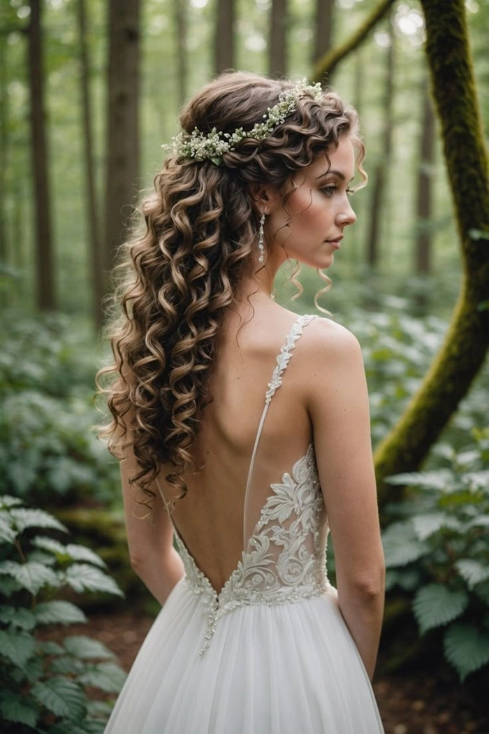 Elegant medium length curly bridal hairstyle perfect for modern brides on their wedding day Medium length curly bridal hair styled with delicate floral accessories for a romantic wedding look