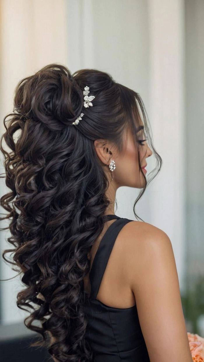 Beautiful medium length curly bridal hairstyle featured in wedding trends image 15 Medium length curly bridal hair with elegant accessories for a wedding day