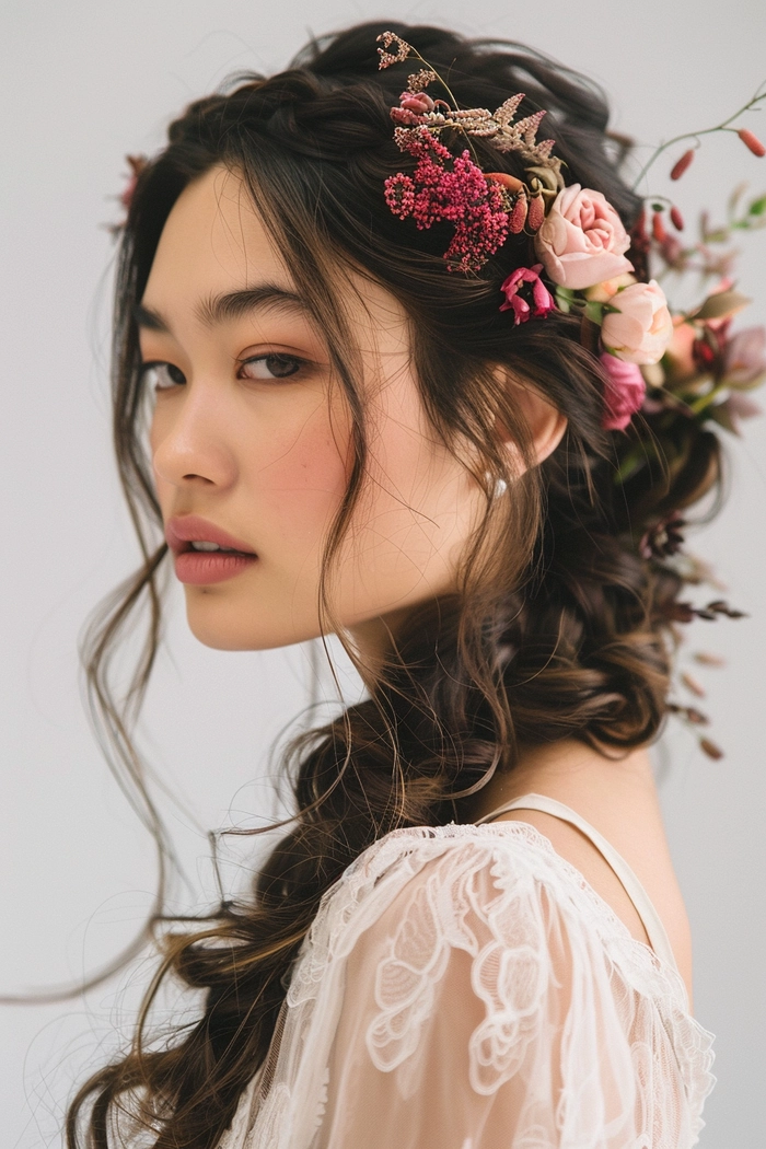 Elegant bridal hair for Asian hair texture with delicate accessories