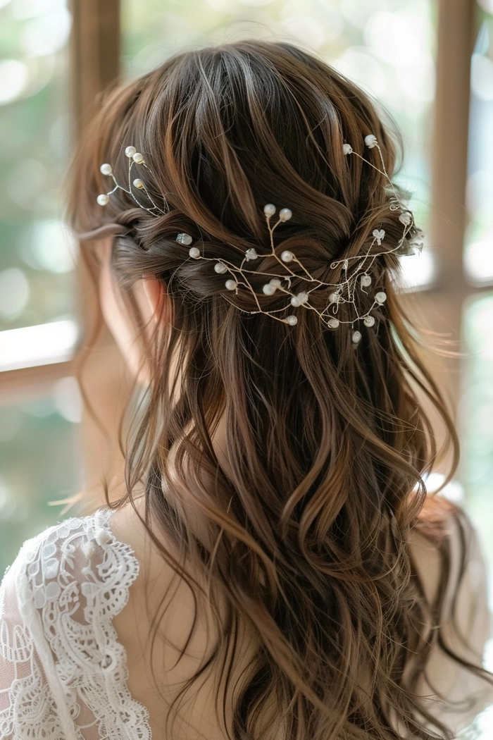 Elegant bridal hair styled for Asian hair texture with intricate floral accessories