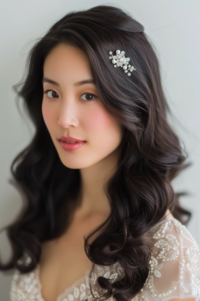 Elegant bridal hair for Asian hair texture with delicate floral accessories