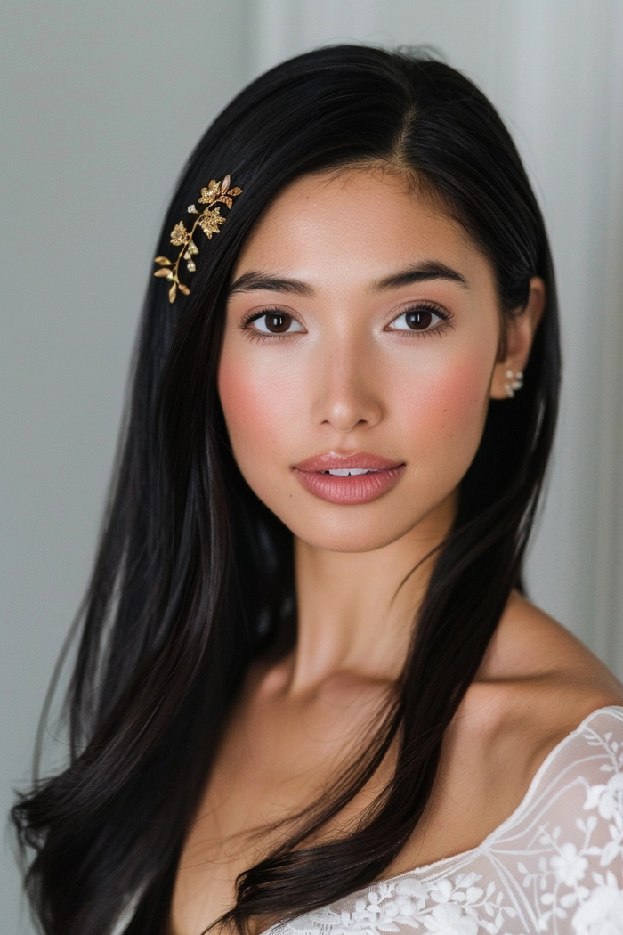 Elegant bridal hair styled for Asian hair texture with delicate waves and floral accessories