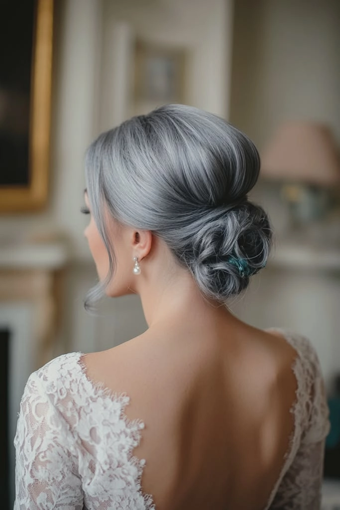 Elegant bridal hair for gray hair styled in soft curls with floral accessories