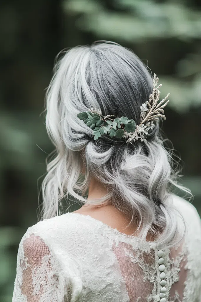 Elegant bridal hair for gray hair styled in soft waves with floral accents