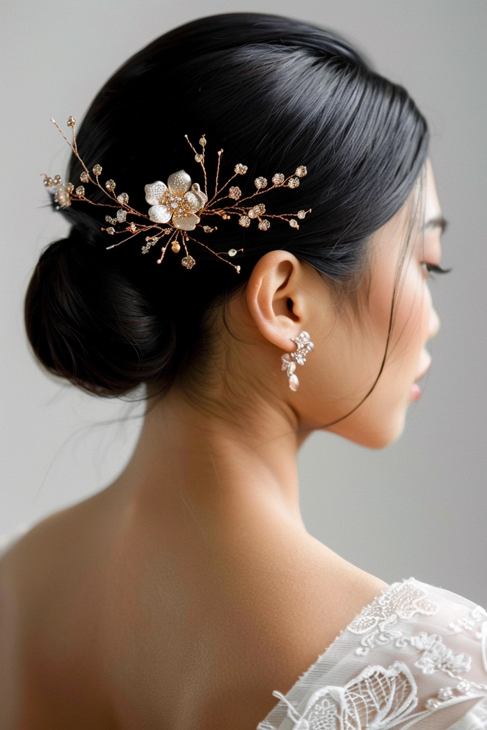 Elegant bridal hair styled for Asian hair texture with delicate floral accessories