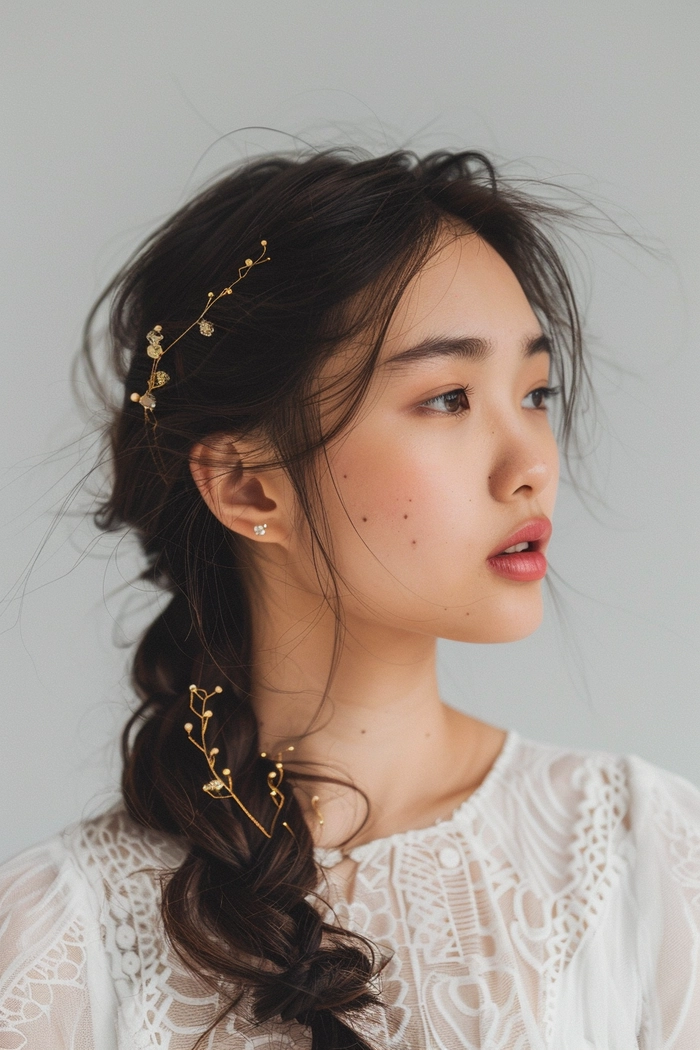 Elegant bridal hair styled for Asian hair texture with intricate floral accents