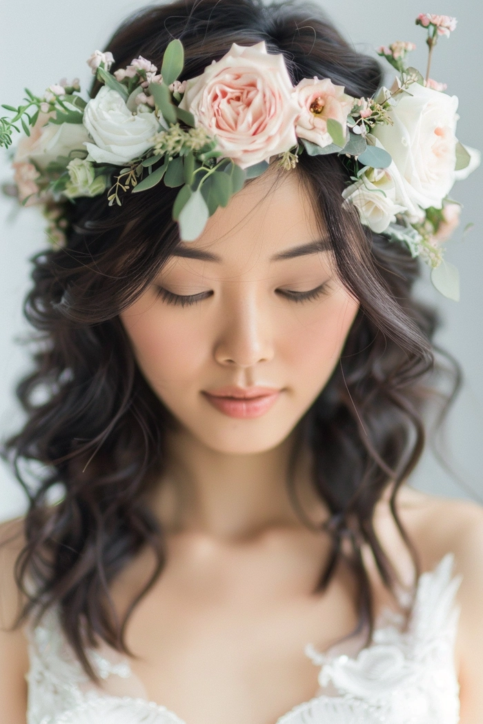 Elegant bridal hair styled for Asian hair texture with delicate floral accents