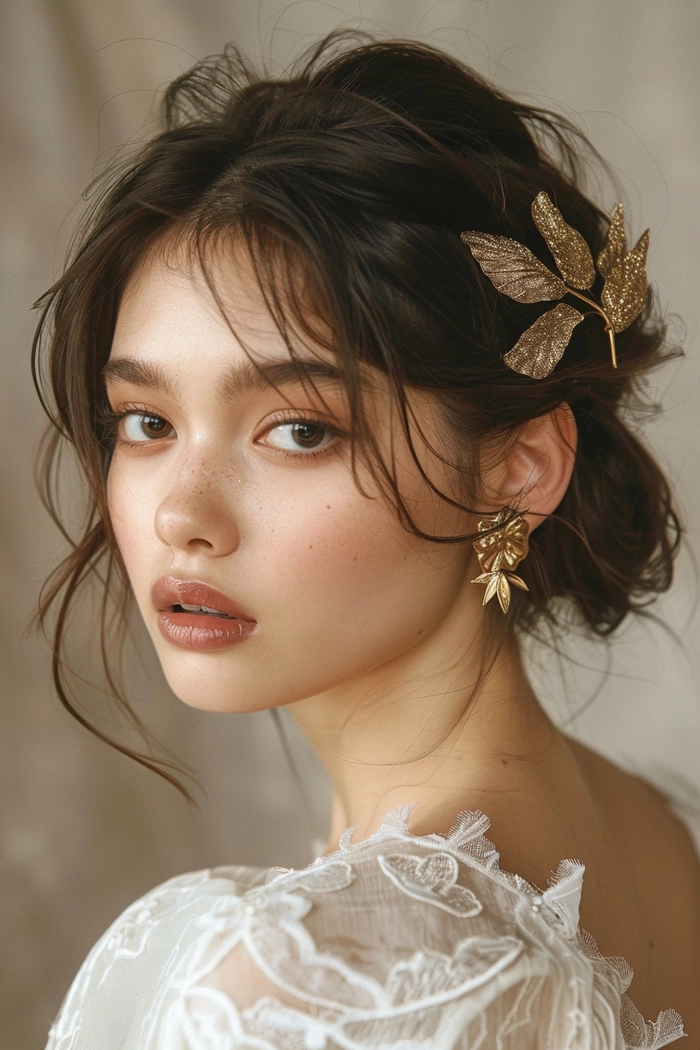 Elegant bridal hair styled for asian hair texture with intricate floral accessories