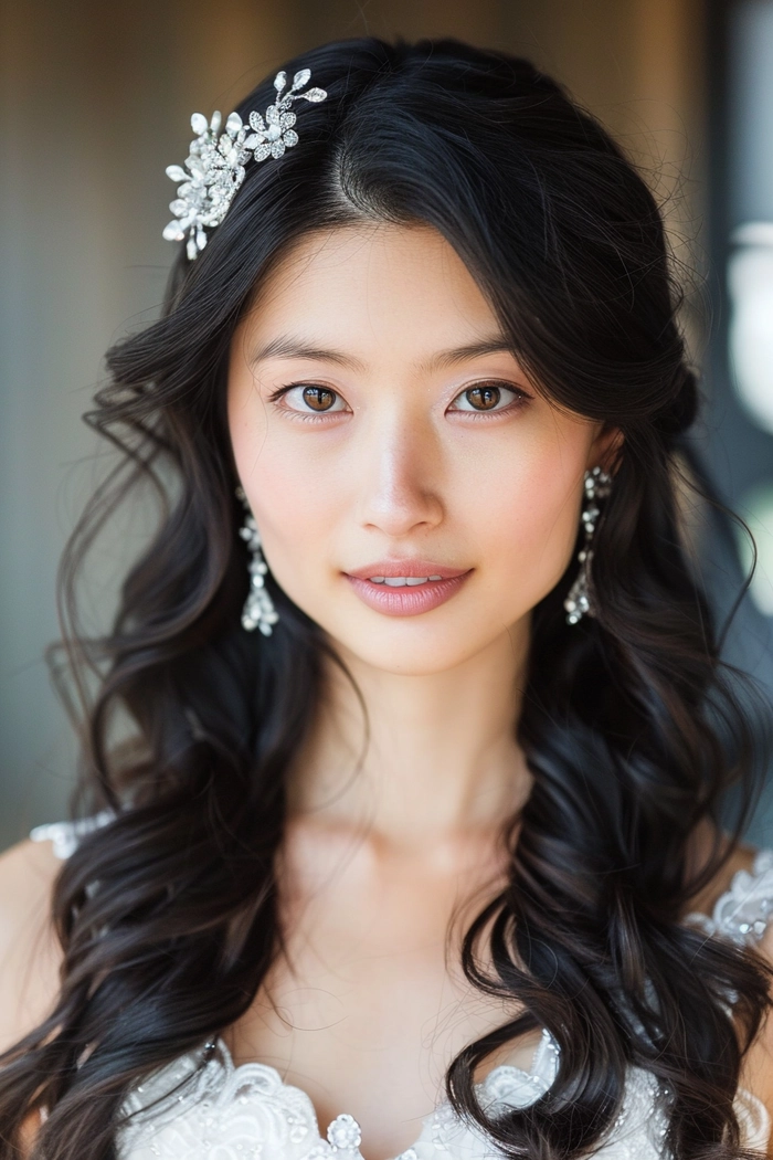 Elegant bridal hair styled for Asian hair texture with soft waves and floral accents
