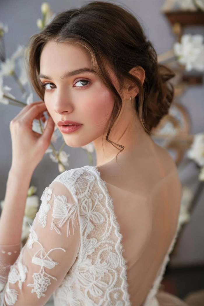 Elegant bridal hair styled with curtain bangs for a wedding day look