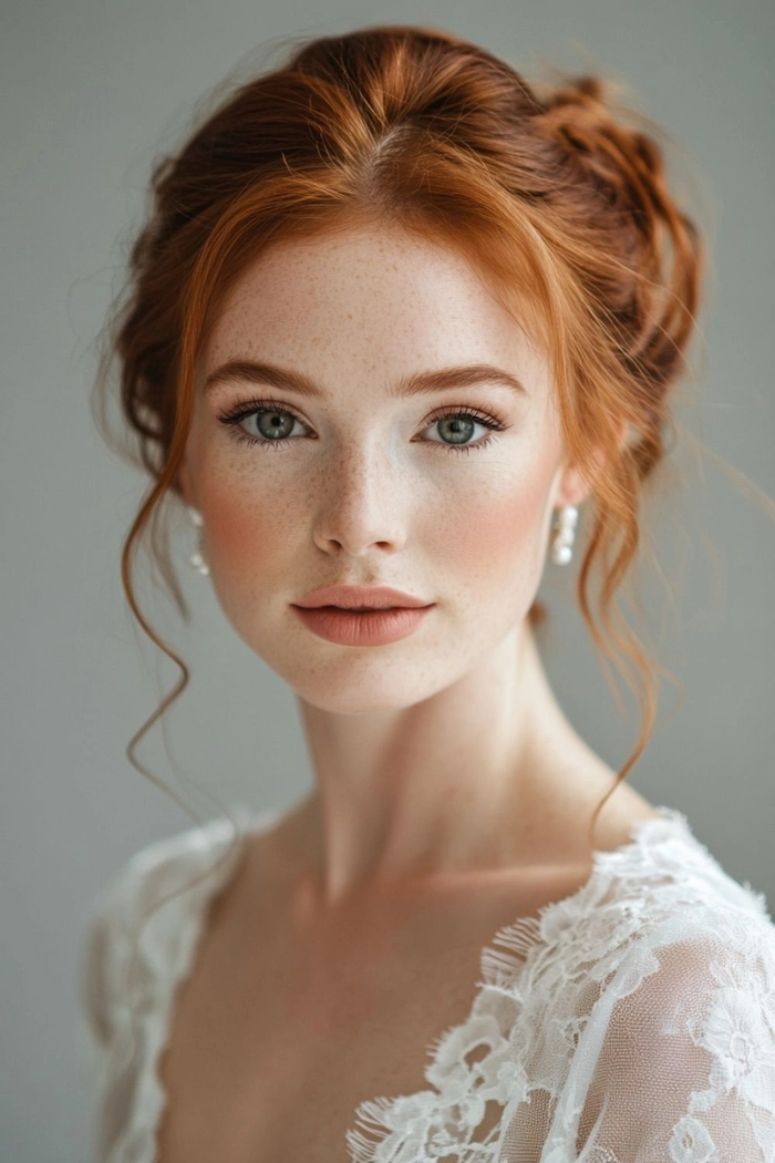 Elegant bridal hair for redheads styled with soft curls and floral accents