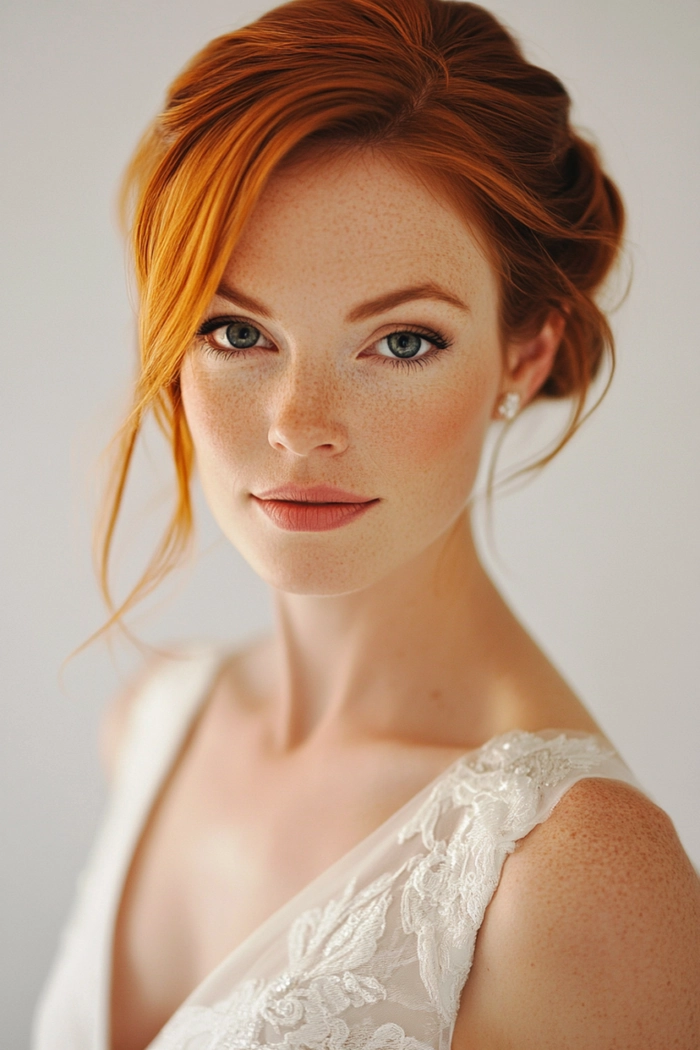 Elegant bridal hair for redheads with soft curls and floral accents