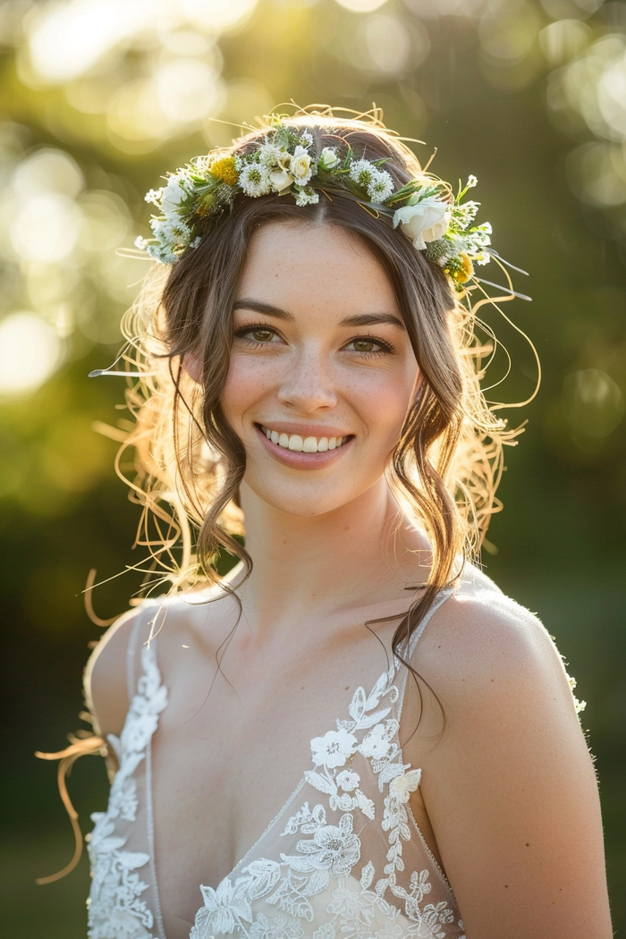 Beautiful wedding hairstyles with floral crown showcasing soft waves and fresh flowers Elegant bridal hairstyle adorned with a delicate floral crown for a romantic wedding look