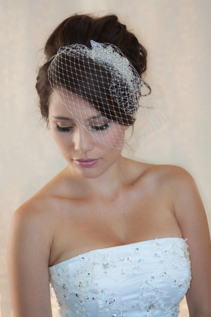 Elegant bridal updo showcasing wedding hairstyles with birdcage veil