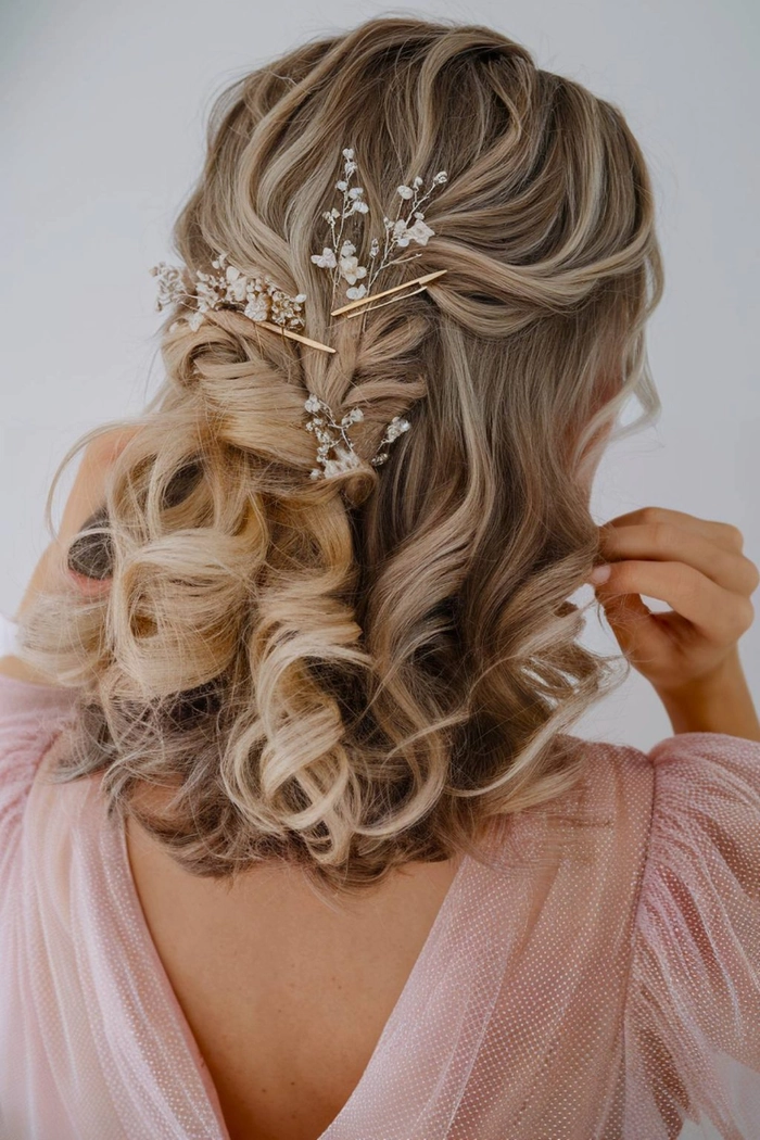 Elegant bridesmaid hairstyle showcasing natural curly hair styled for a wedding