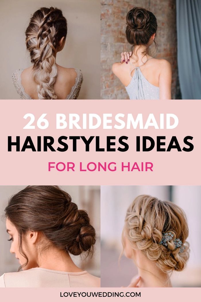 Elegant bridesmaid hairstyles for long hair featuring soft curls and floral accessories