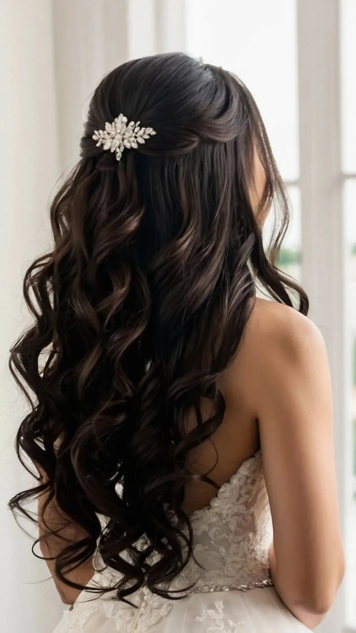 Bridal hairstyle featuring layered brunette tones for wedding day glamour Elegant wedding hairstyle showcasing brunette dimension with soft curls and highlights