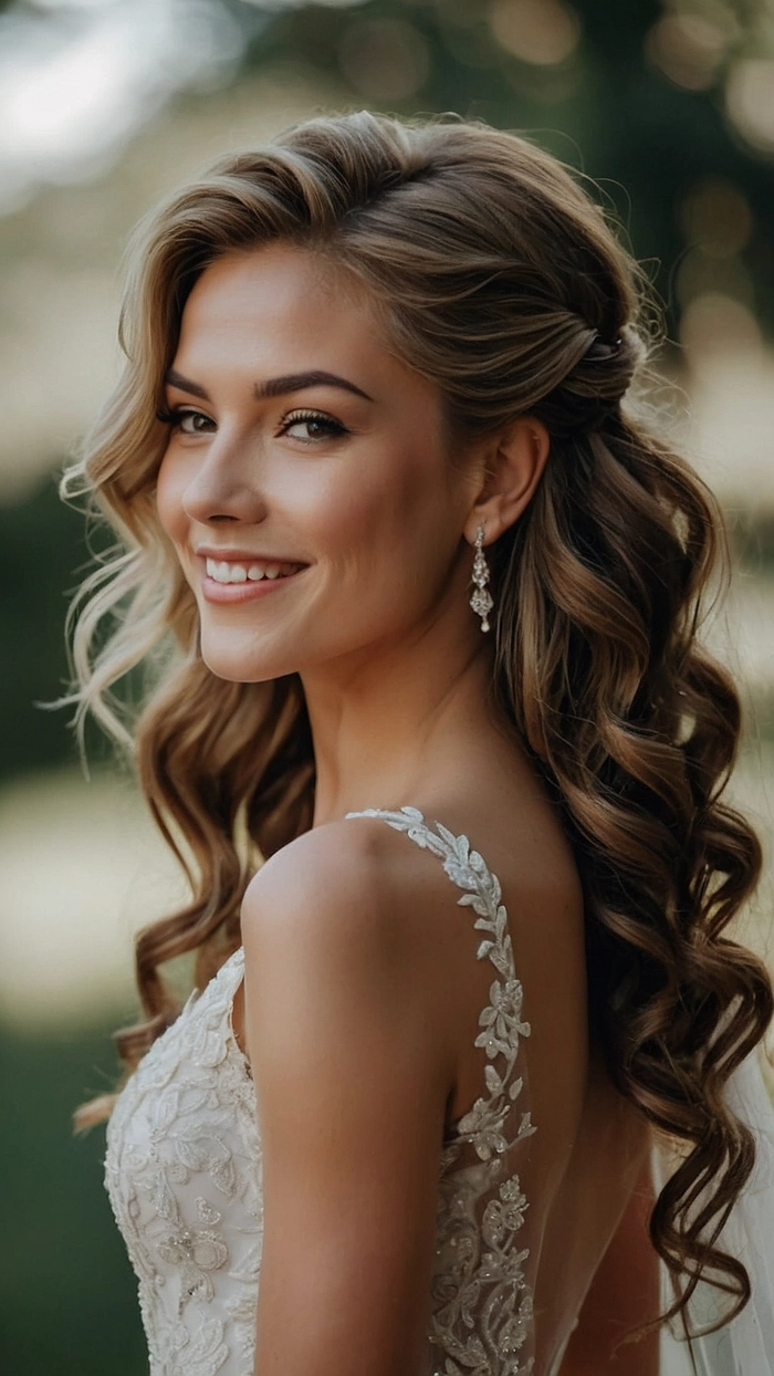 Beautiful wedding hairstyle featuring medium length curls for brides Elegant medium length curly bridal hair looks with floral accessories