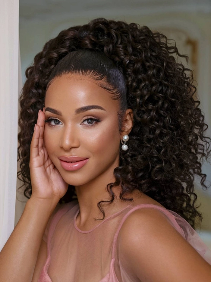 Elegant bridesmaid hair for curly hair showcasing textured curls and delicate accessories