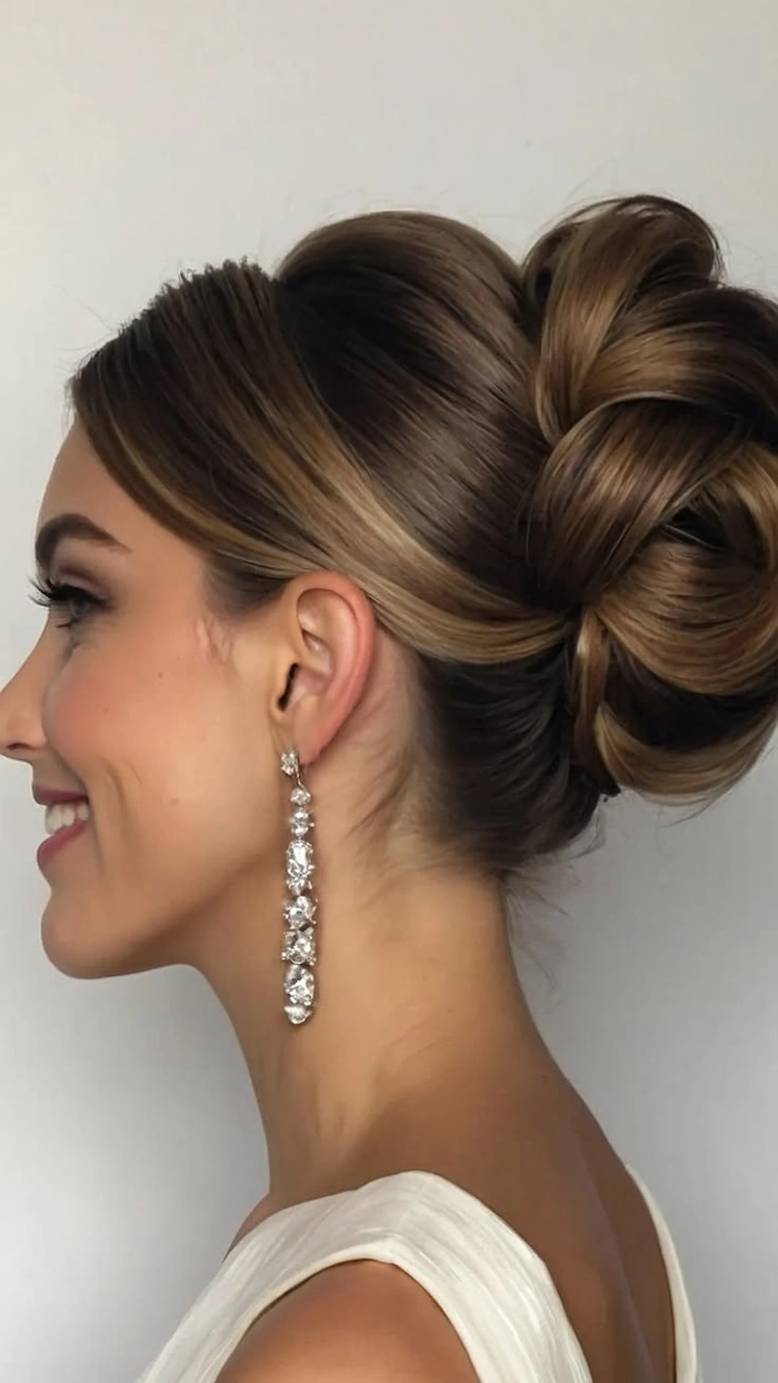 Elegant French twist bridal hair styled with soft curls for a classic wedding look