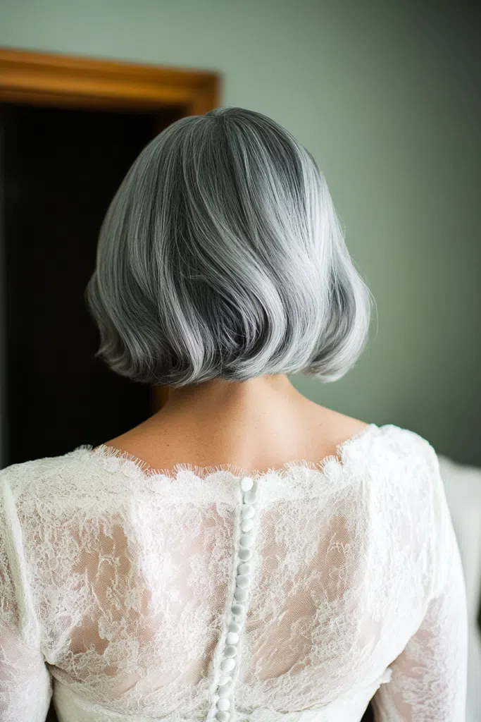 Elegant bridal hairstyle showcasing gray hair with soft curls and floral accents