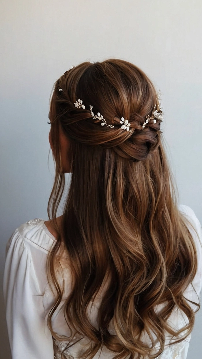 Elegant shoulder length wedding hair styled half up with delicate curls
