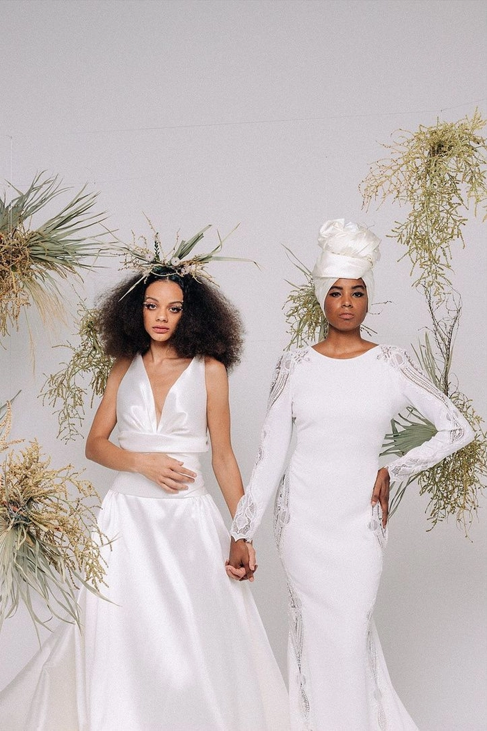 Elegant LGBTQ wedding hair styles featuring diverse looks and accessories