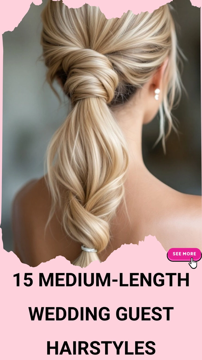 Chic medium-length wedding guest hairstyle perfect for formal events Elegant wedding guest hair for medium hair styled with soft waves and subtle accessories