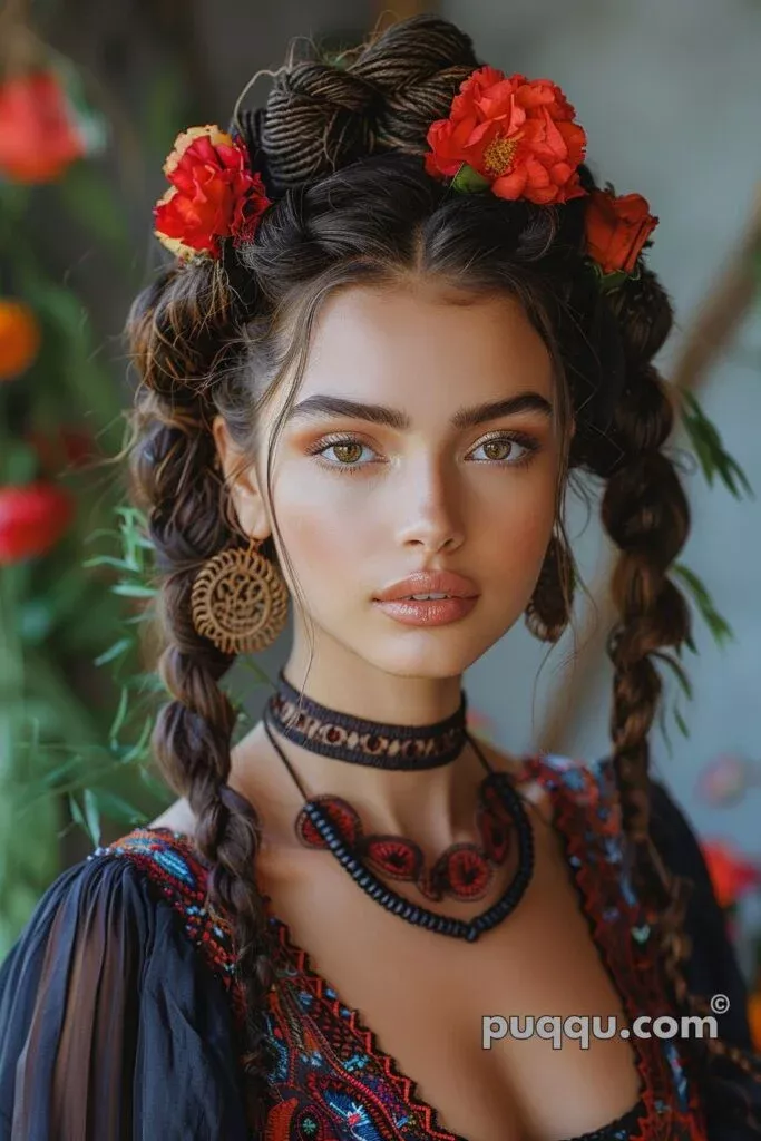 Elegant Mexican bridal braided hair with traditional floral accessories