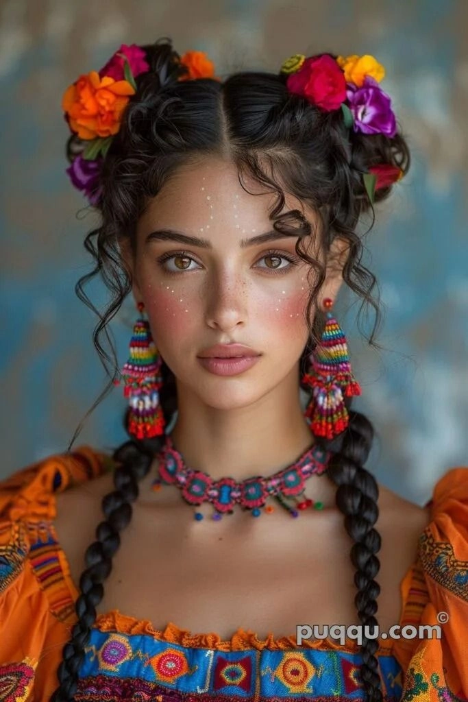 Elegant Mexican bridal braided hair styled with floral accessories for a wedding