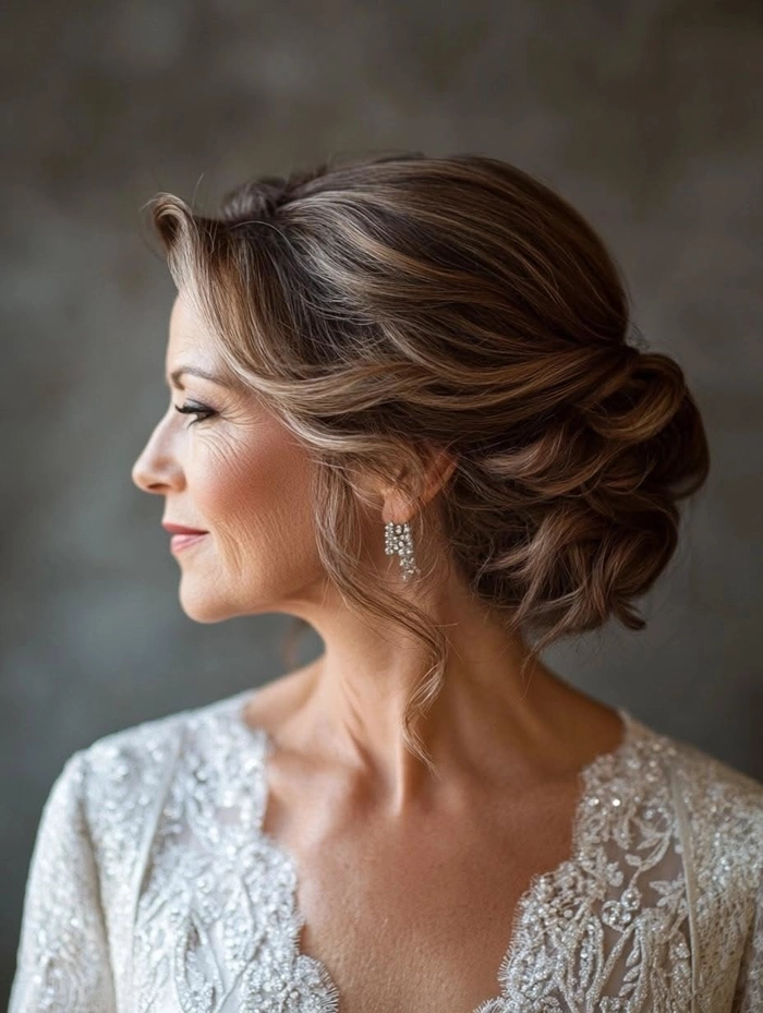 Mother of the bride’s elegant hair styled with grace and charm for a wedding celebration Elegant mother of the bride hairstyle featuring soft curls and a delicate hair accessory