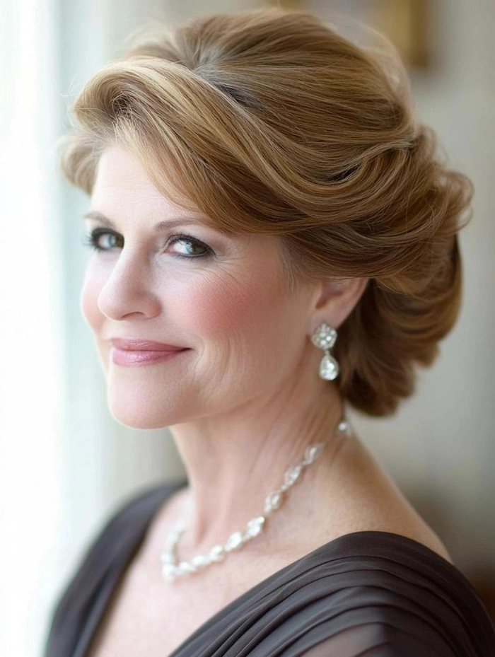 Sophisticated mother of the bride elegant hair style for a wedding celebration Elegant mother of the bride hairstyle with soft waves and delicate accessories