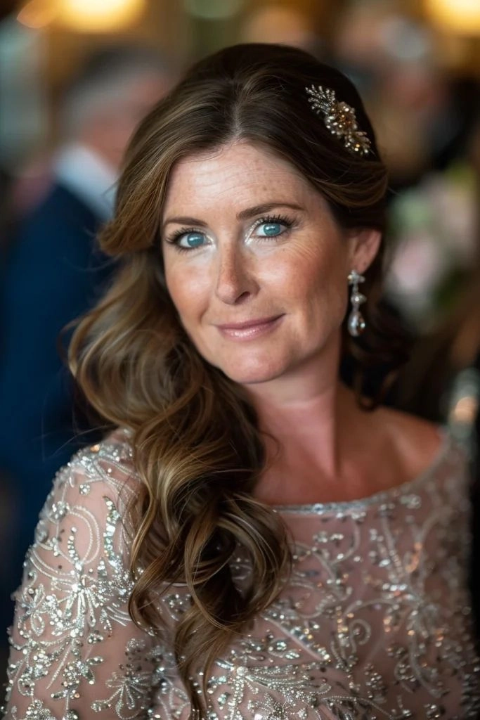 Chic and timeless modern hairstyle for the mother of the groom at weddings Elegant mother of the groom modern hairstyle featuring soft curls and a sleek finish
